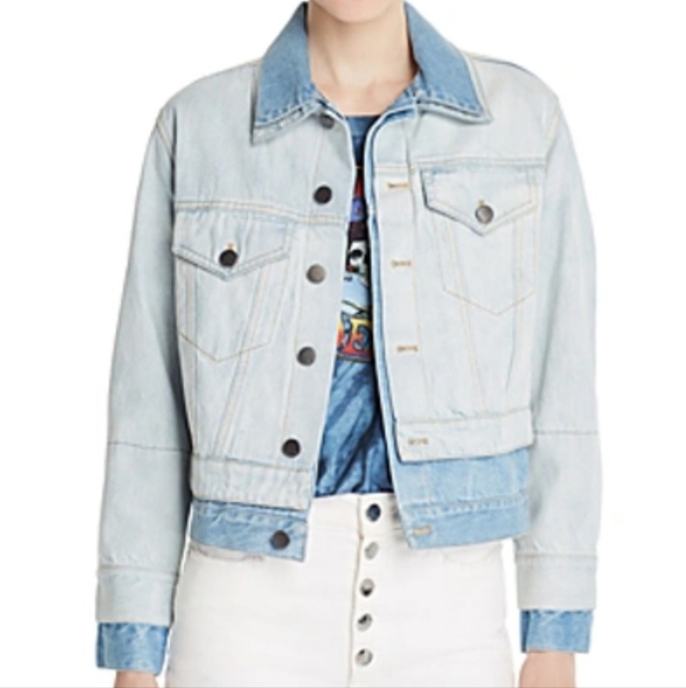 ALICE + OLIVIA TWO-TONE LAYERED-LOOK DENIM JACKET IN SPRING PERSONALITY